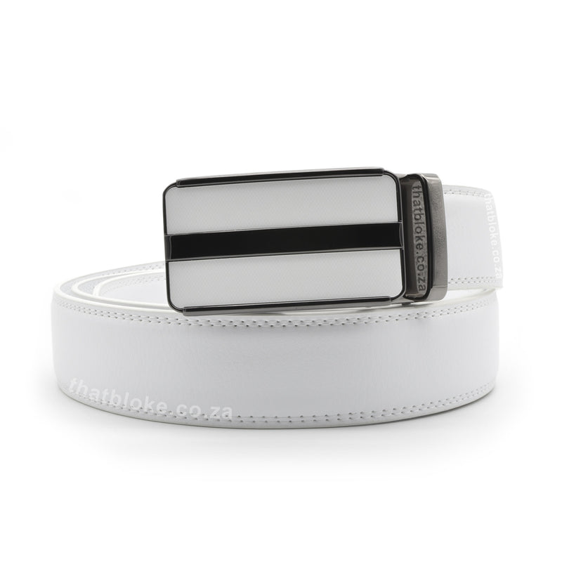 Formal White Belt For Men Stitched With Gunmetal Black Buckle Centre Split Front View