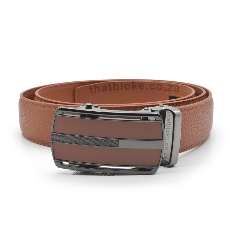 Formal Camel Brown Belt For Men Stitched Gunmetal Black Buckle Centre Split Full Front View