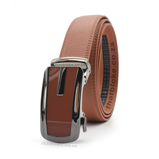 Formal Camel Brown Belt For Men Stitched Gunmetal Black Buckle Centre Split Half Side View