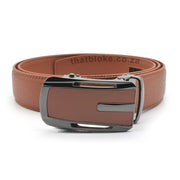 Formal Camel Brown Belt For Men Stitched Gunmetal Black Buckle Centre Split Half Front View