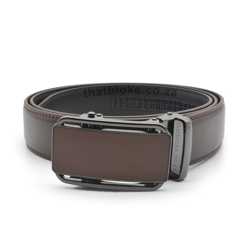 Formal Brown Belt For Men Stitched Gunmetal Black Buckle Plain Front View