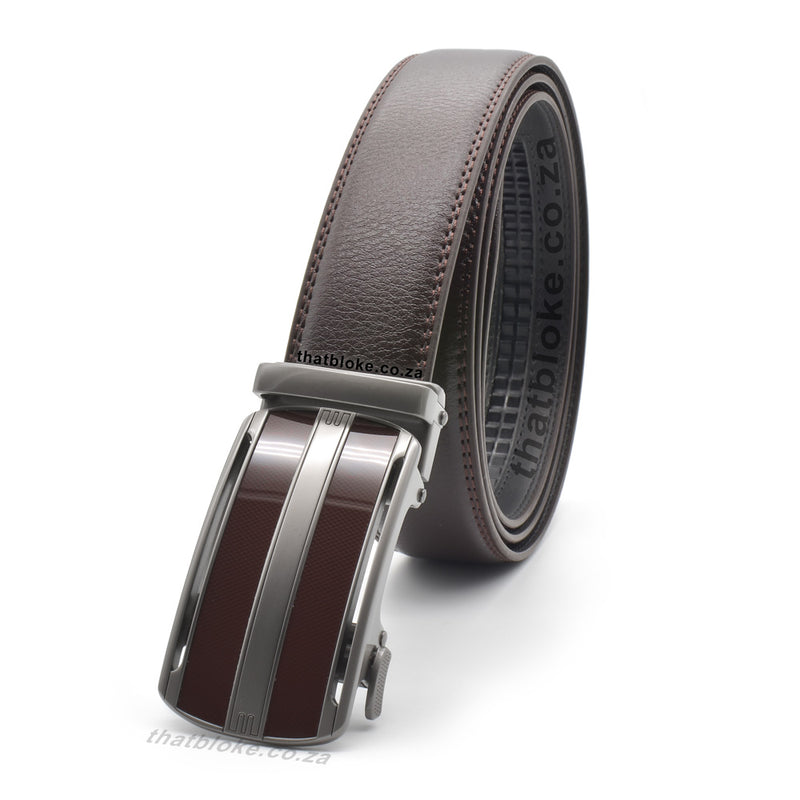Formal Brown Belt For Men Stitched Matt Silver Buckle Centre Split Side View