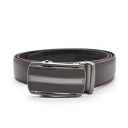 Formal Brown Belt For Men Stitched Matt Silver Buckle Centre Split Front View