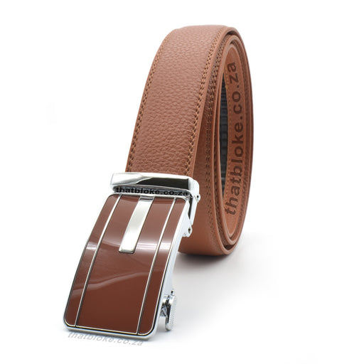Formal Camel Brown Belt For Men Stitched Silver Buckle Centre Split Half Side View