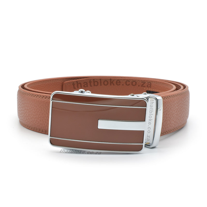 Formal Camel Brown Belt For Men Stitched Silver Buckle Centre Split Half Front View