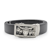 Mens Novelty Animal Black Belt with antique silver South African Bull Horns Buckle PU Leather stitched finish front 