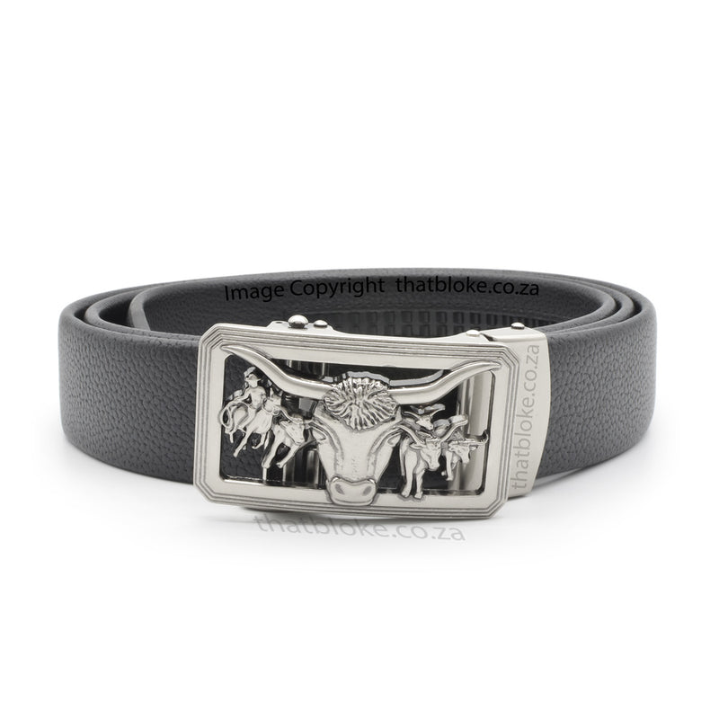 Mens Novelty Animal Black Belt with antique silver South African Bull Horns Buckle PU Leather stitched finish front 