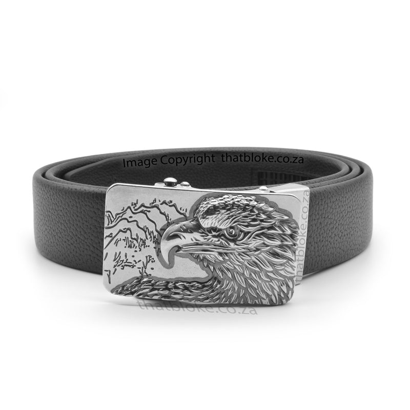 Mens Novelty Bird Black Belt with an Antique Silver South African Eagle Buckle PU Leather finish front view