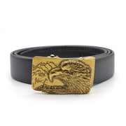 Mens Novelty Bird Black Belt with a bronze South African Eagle Buckle PU Leather finish front view