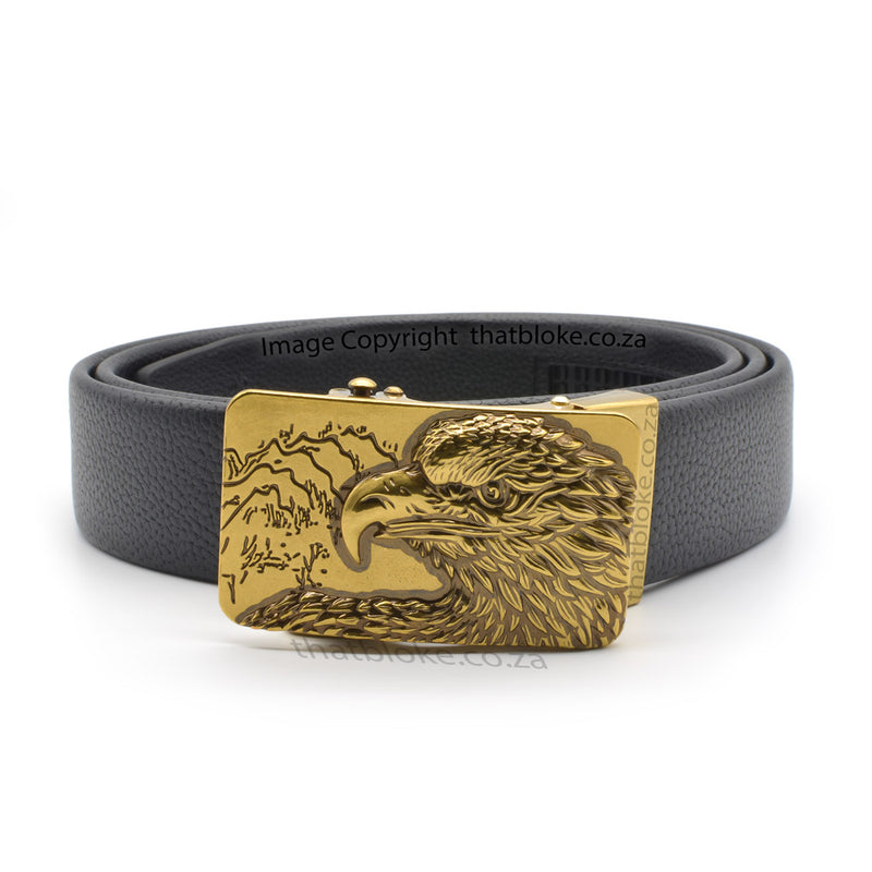 Mens Novelty Bird Black Belt with a bronze South African Eagle Buckle PU Leather finish front view