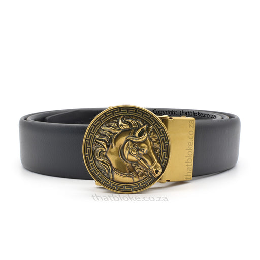 Mens Novelty Animal Black Belt with a bronze South African Horse Head Buckle PU Leather stitched finish front view