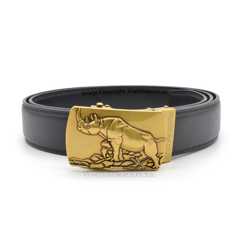 Mens Novelty Animal Black Belt with a bronze South African Rhino Buckle PU Leather stitched finish front view