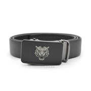Mens Novelty Animal Black Belt with Gunmetal Black Tiger Head Buckle PU Leather finish front 