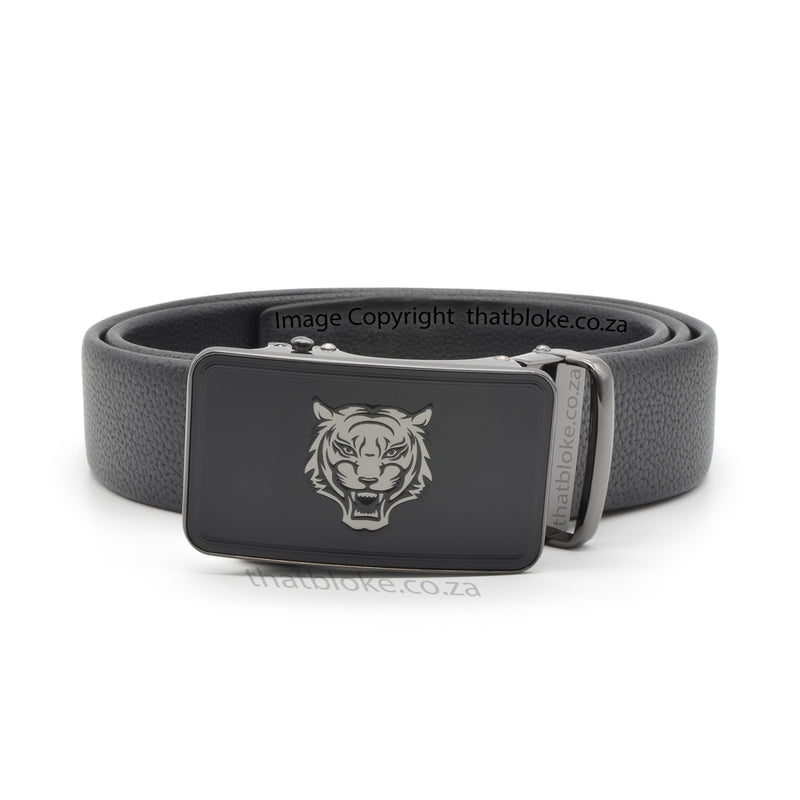 Mens Novelty Animal Black Belt with Gunmetal Black Tiger Head Buckle PU Leather finish front 