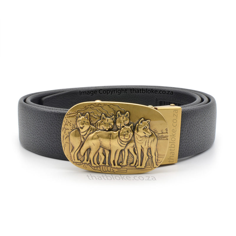 Mens Novelty Animal Black Belt with a bronze Wild Wolves Buckle PU Leather finish front view