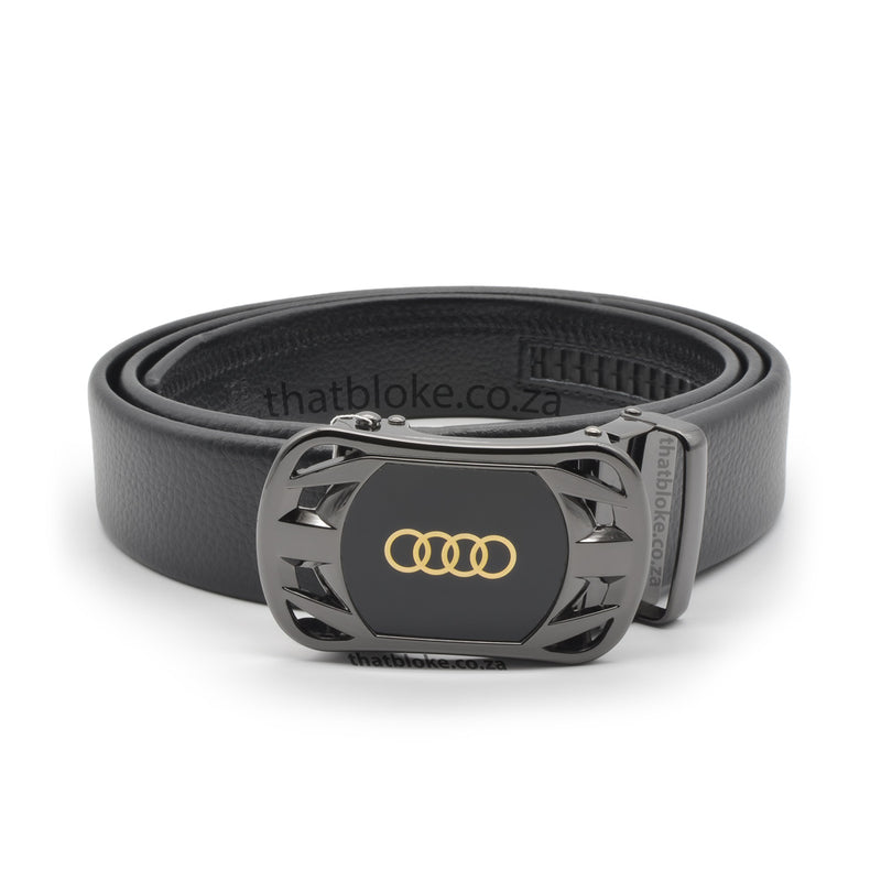 Audi Belt For Men Gunmetal Black Logo PU-Leather Front View Round Edges Black