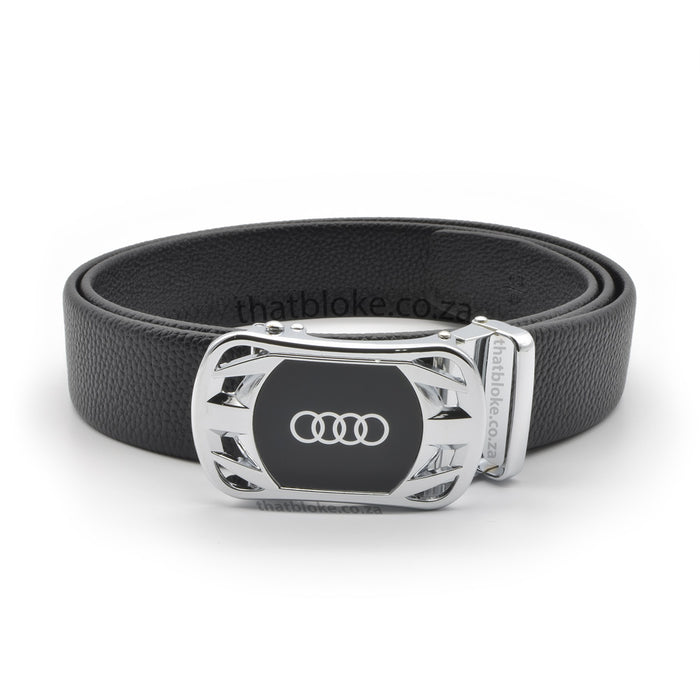 Audi Belt For Men Silver Logo PU-Leather Front View Round Edges Black