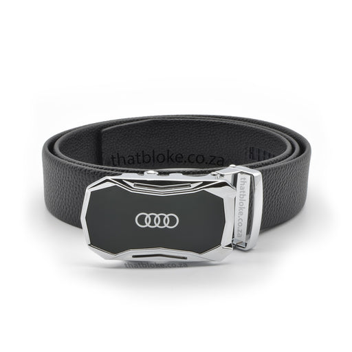 Audi Belt For Men Silver Logo PU-Leather Front View Square Edges Black