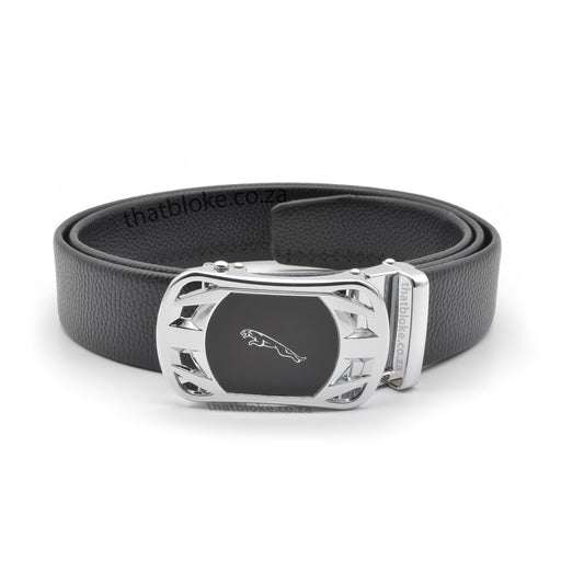 Jaguar Belt For Men Silver Logo PU-Leather Front View Round Edges Black 120cm