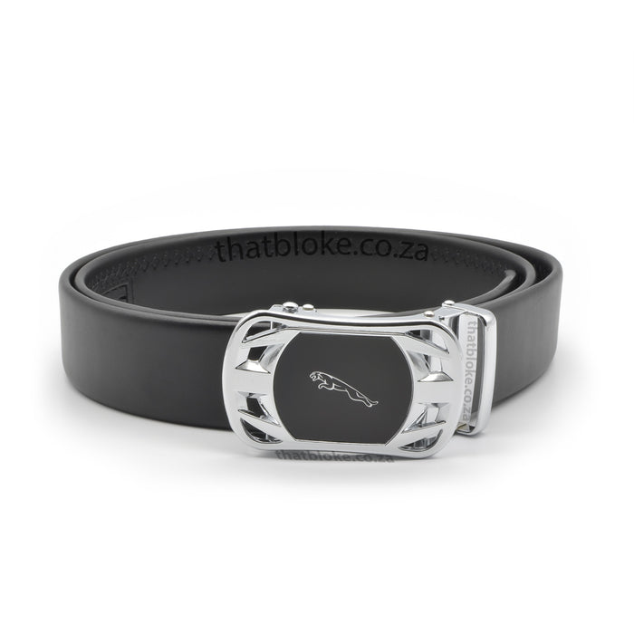 Jaguar Belt For Men Silver Logo PU-Leather Front View Round Edges Black 115cm