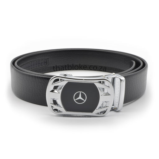 Mercedes Benz Belt Silver Logo Black For Men PU-Leather Front View