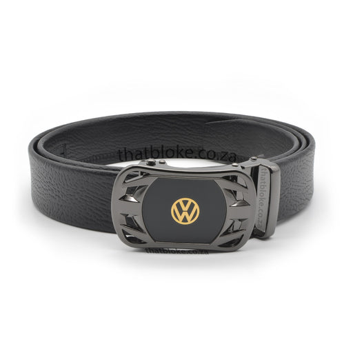 VW Volkswagen Belt Gunmetal Black Logo Black For Men PU-Leather Front View