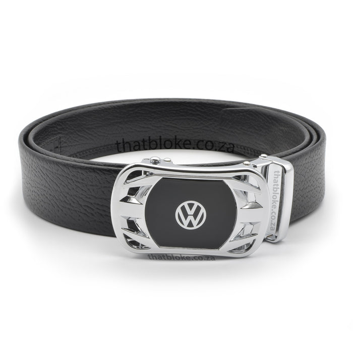 VW Volkswagen Belt Silver Logo Black For Men PU-Leather Front View