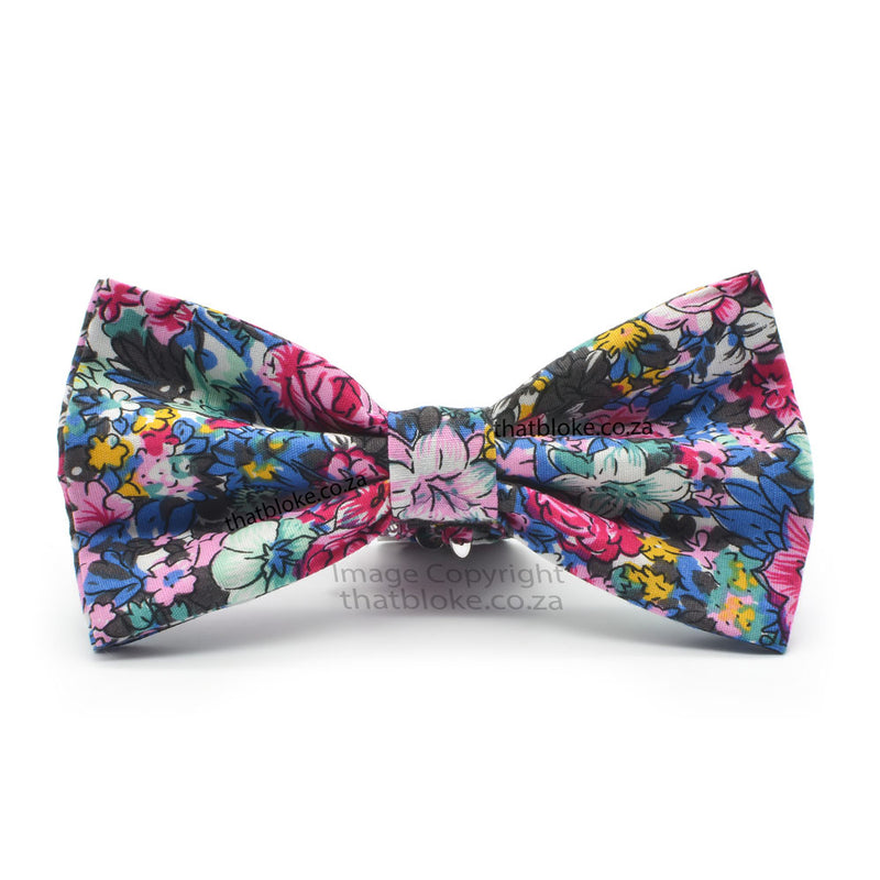 Pink & Blue & Green Floral Rose Bow Tie For Men Cotton Front View
