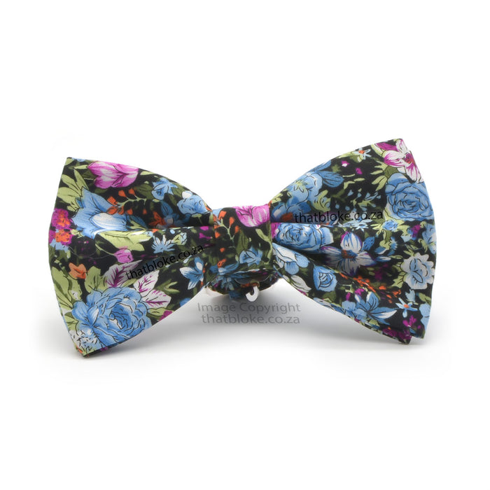 Pink & Light Blue Floral Rose Bow Tie For Men Cotton Front View