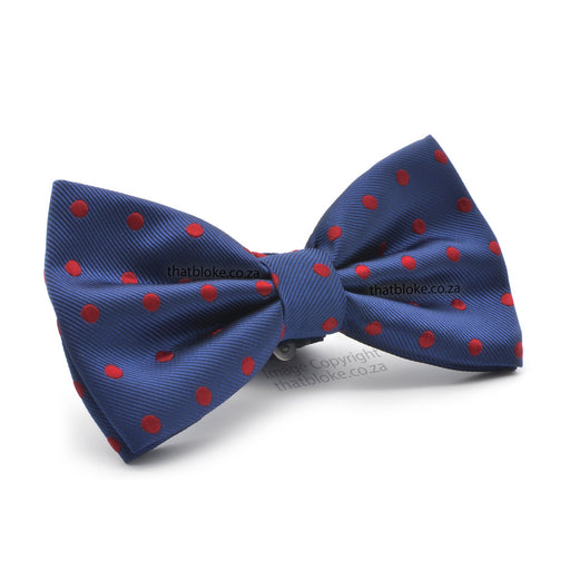 Navy Blue Bow Tie For Men With Red Polkadots Ribbed Texture Pattern Polyester Side View