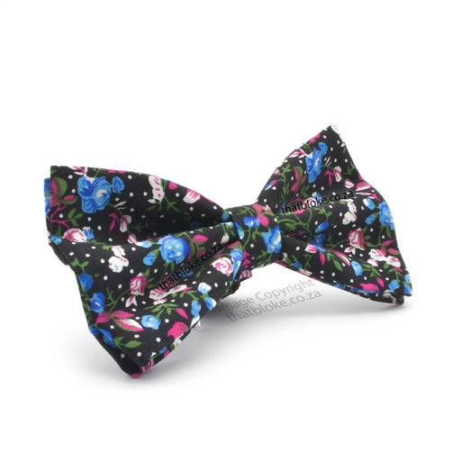Pink Blue & Black Floral Rose Bow Tie For Men Cotton Side View