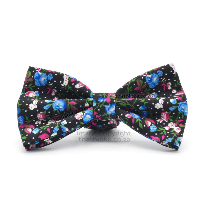 Pink Blue & Black Floral Rose Bow Tie For Men Cotton Front View