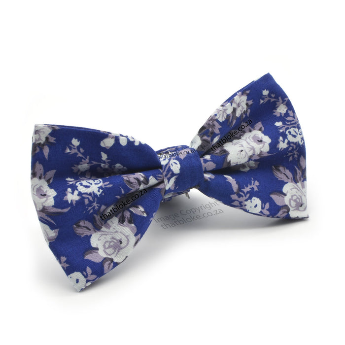 White and Royal Blue Bow Tie For men Floral Rose Cotton Side View