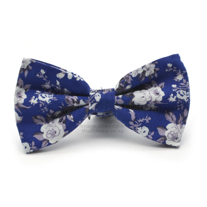 White and Royal Blue Bow Tie For men Floral Rose Cotton Front View