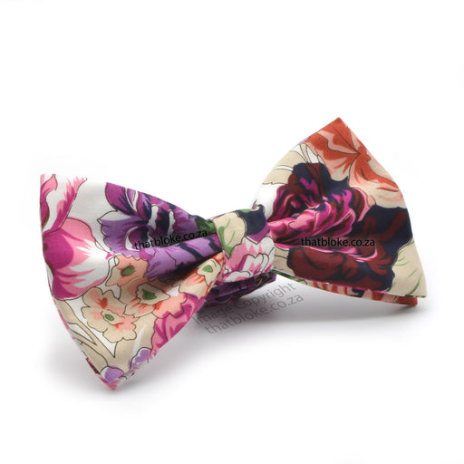 Pink Purple & Green Floral Rose Bow Tie For Men Cotton Side View