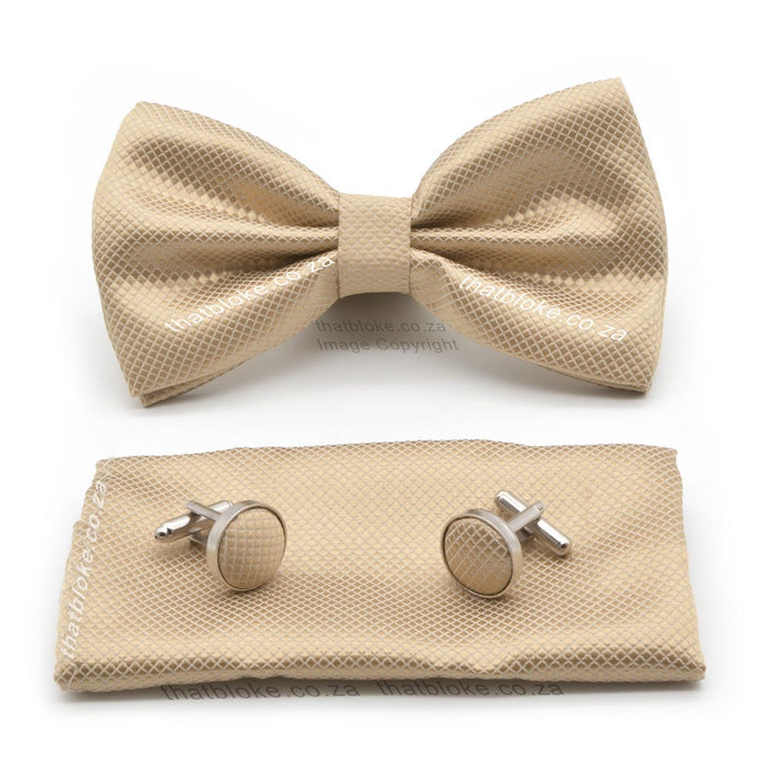 Light Golden Stone Beige Bow Tie Pocket Square Set For Men Diamond Pattern