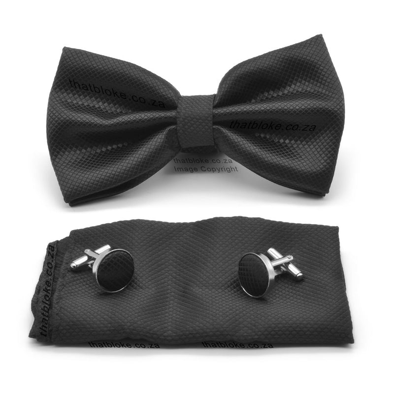 Black Bow Tie Pocket Square Set Diamond Pattern Polyester