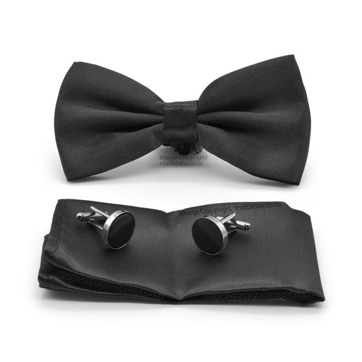 Black Bow Tie Pocket Square Set Silky Polester For Men