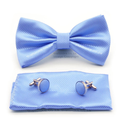 Light Azure Blue Bow Tie Pocket Square Set For Men Diamond Pattern Polyester