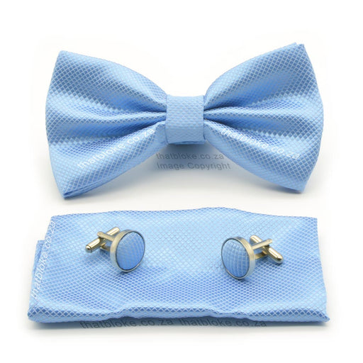 Light Blue Bow Tie Pocket Square Set Diamond Pattern Polyester
