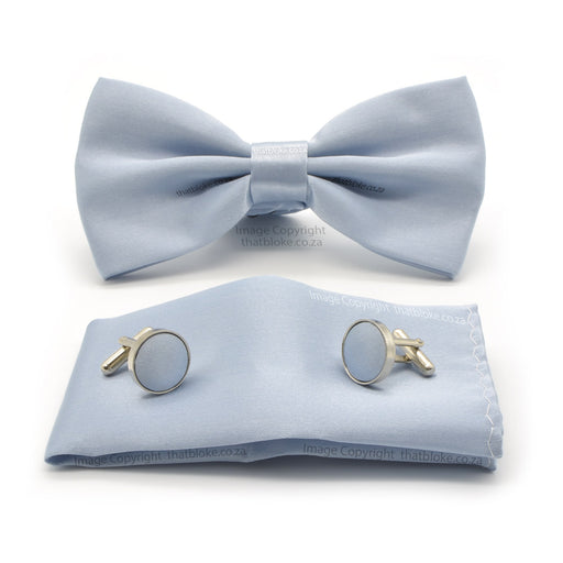 Ultra Light Blue Bow Tie Pocket Square Set For Men Silky Polyester