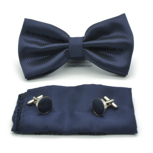 Dark Navy Blue Bow Tie Pocket Square Set For Men Diamond Pattern Polyester
