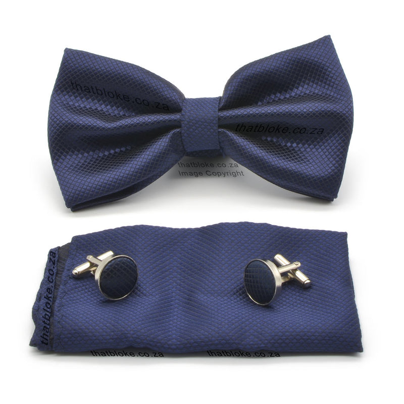 Navy Blue Bow Tie Pocket Square Set For Men Diamond Pattern Polyester