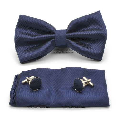 Navy Blue Bow Tie Pocket Square Set Diamond Pattern Polyester