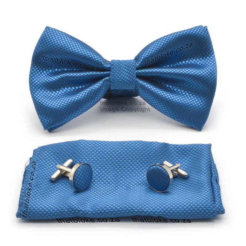 Steel Blue Bow Tie Pocket Square Set For Men Diamond Pattern Polyester