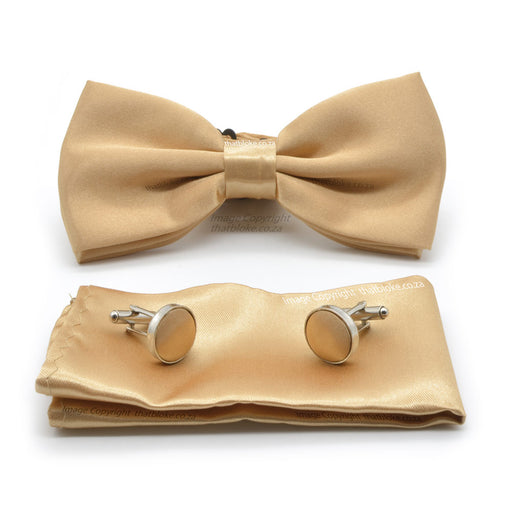 Oscar Gold Bow Tie Pocket Square Set Silky Polyester Beige