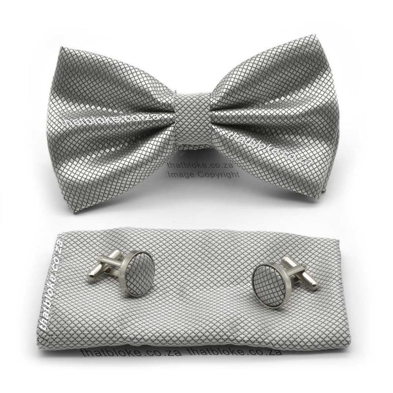 Silver Bow Tie Pocket Square Set Diamond Pattern Grey Polyester