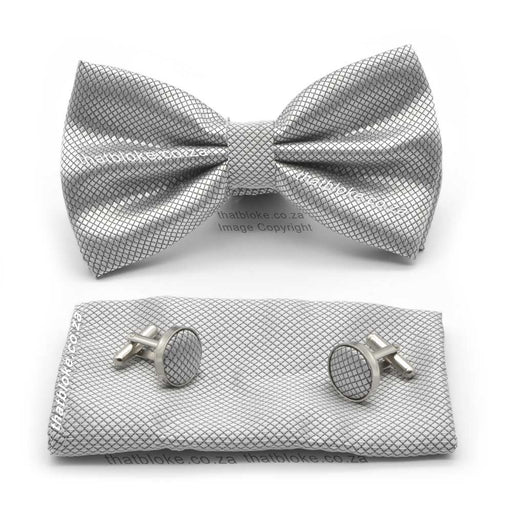 Light Silver Bow Tie Pocket Square Set Diamond Pattern Grey Polyester