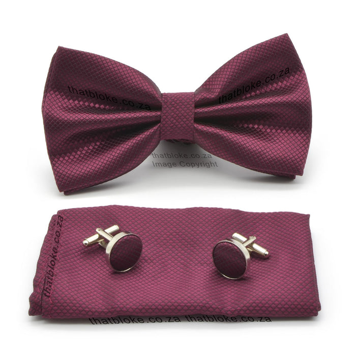 Burgundy Dark Maroon Bow Tie Set Diamond Pattern Polyester