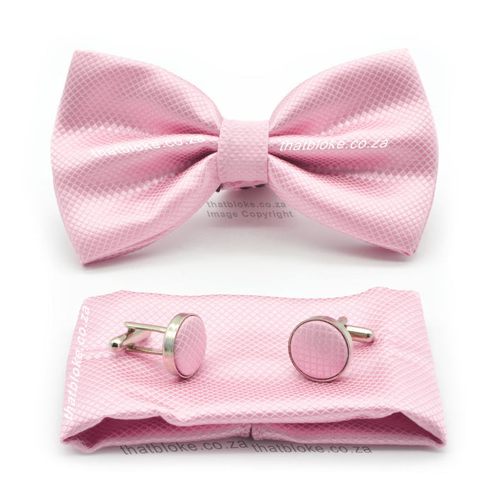 Light Pink Bow Tie Pocket Square Set For Men Diamond Pattern